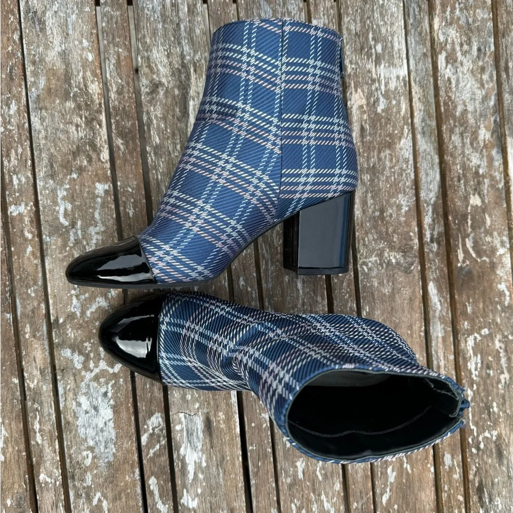 1901 Plaid Heeled Bootie w/ Black Patent Leather: Blue/Pink/Silver, size 6.5 - Picture 2 of 10